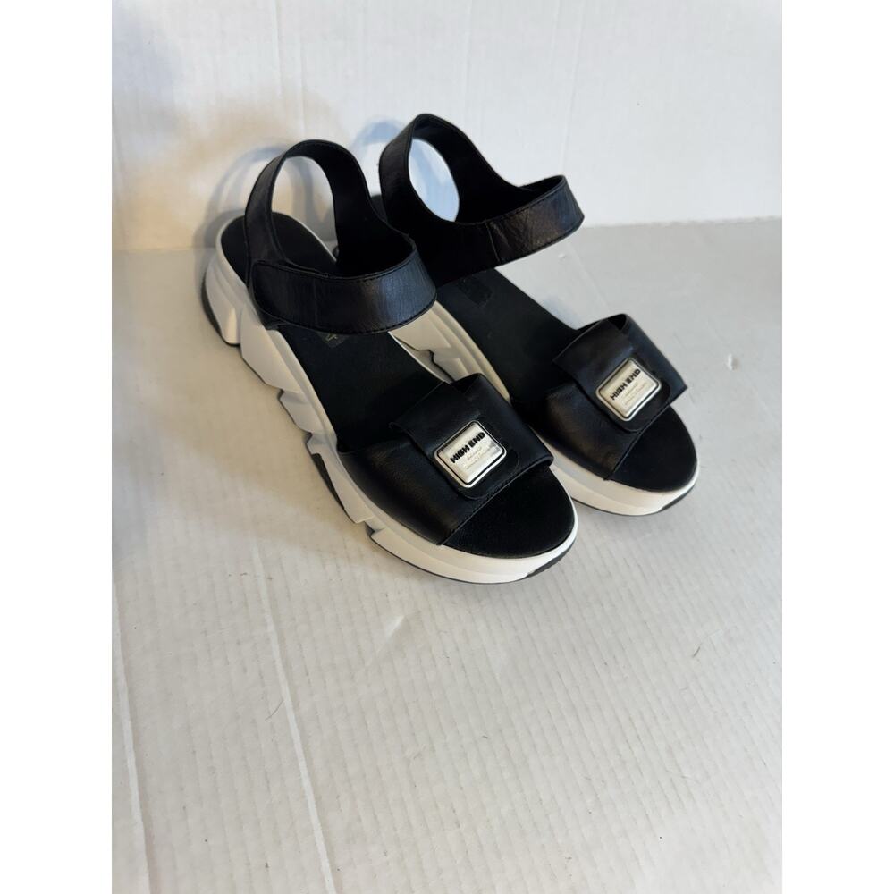 Leoni Black White Leather Strappy Platform Sandals Womens 40 Summer Casual